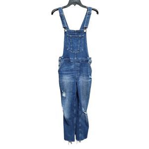 H&M Divided Denim Overalls Blue Medium Wash Womens Size 4 Raw Hem Distressed